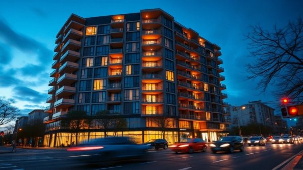 Modern apartment building in Kelowna at night, showcasing current rent trends.