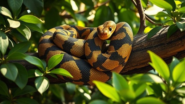 Colorful python coiled in jungle setting, python blood weight loss.
