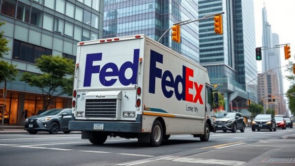 FedEx delivery truck in urban area, showcasing company branding.