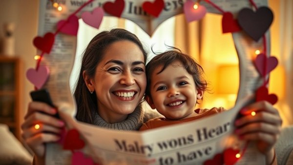 Mother and child smiling through a heart-decorated frame.