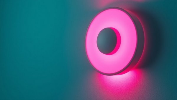 Ikea Varmblixt smart lamp glowing with pink light against a teal wall.