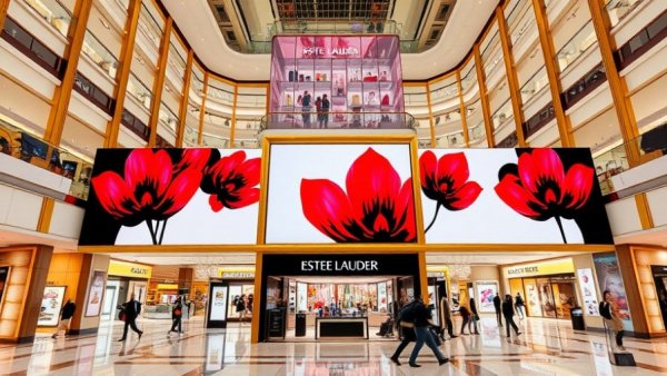 Luxurious Estée Lauder display in modern shopping mall showcasing vibrant flower designs.