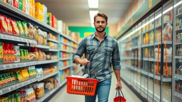 Man with basket in grocery store aisle, Iran War Grocery Costs.