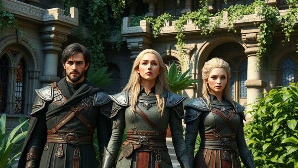 Fantasy characters in garden scene from New Lord of the Rings movie.