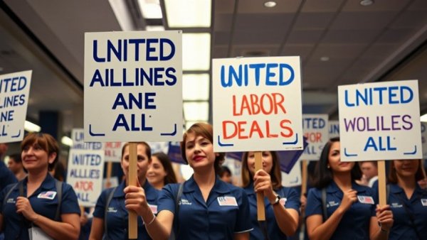 United Airlines flight attendants protest for labor deal indoors.