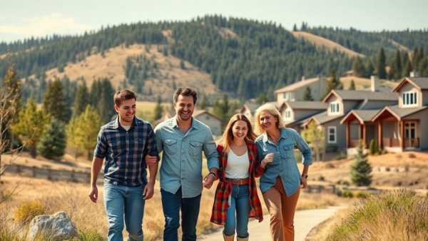 Family hiking in Okanagan master-planned community, scenic view.