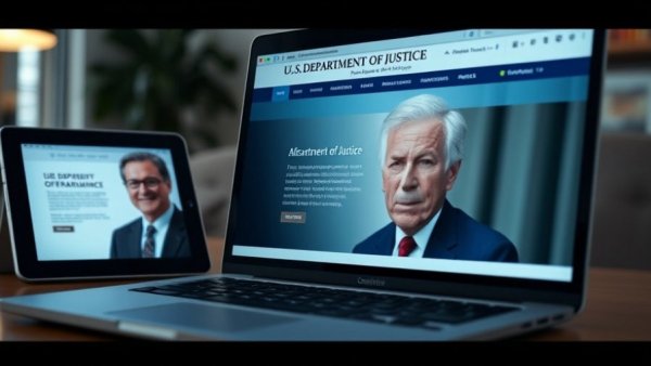 Justice Department site on laptop next to a tablet, Epstein Victims Sue Google.