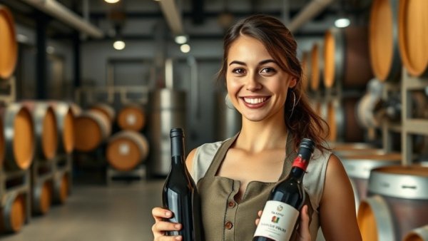 Woman showcasing wine bottles at a Burgundy winery for wine tourism.