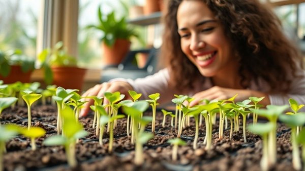 April Planting Window: Woman in garden with vibrant sprouts.