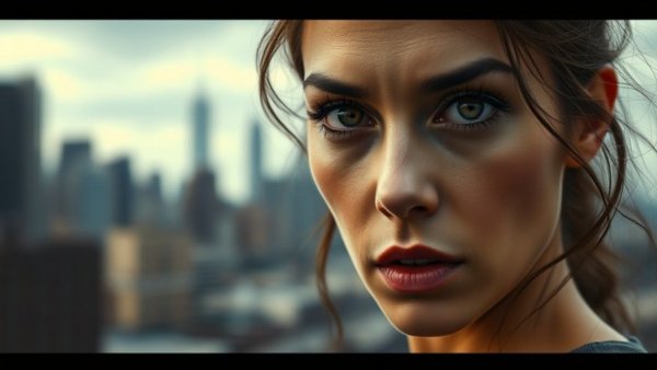 Woman with intense expression in cinematic urban scene.