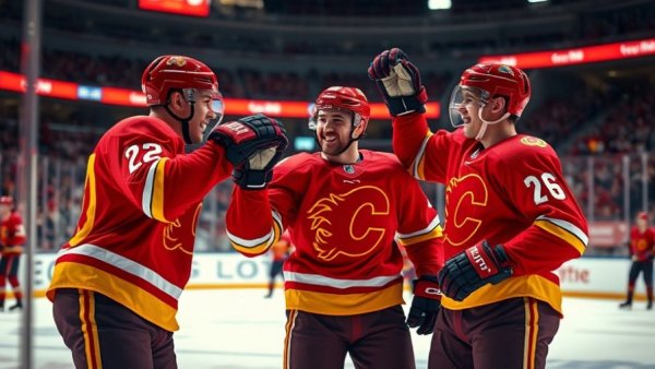 Calgary Flames scoring surge celebration on the ice.