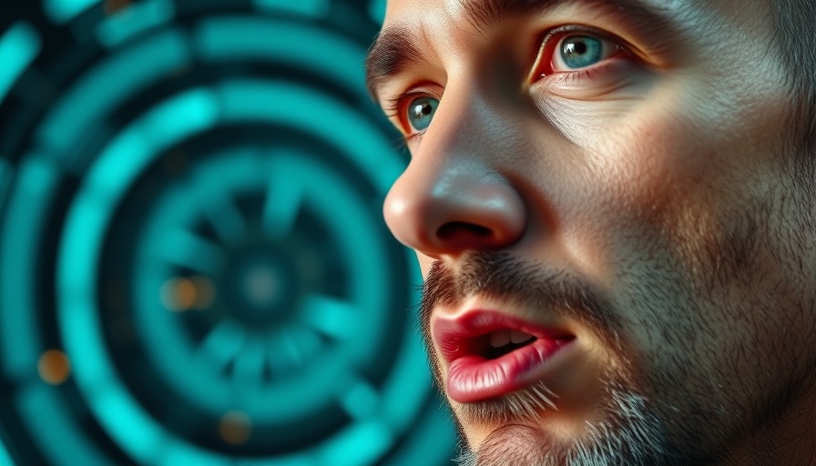 Close-up of a thoughtful man speaking with abstract tech background.