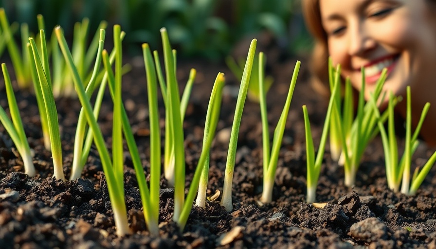 Young garlic plants thriving in soil, tips for growing bigger garlic bulbs.
