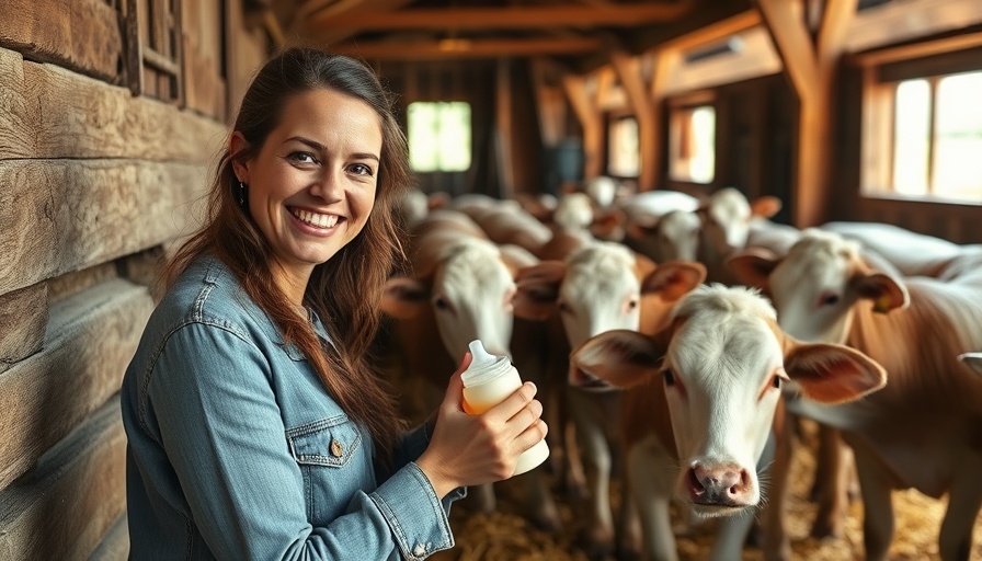 Woman feeding calves in barn, highlighting charity involvement.