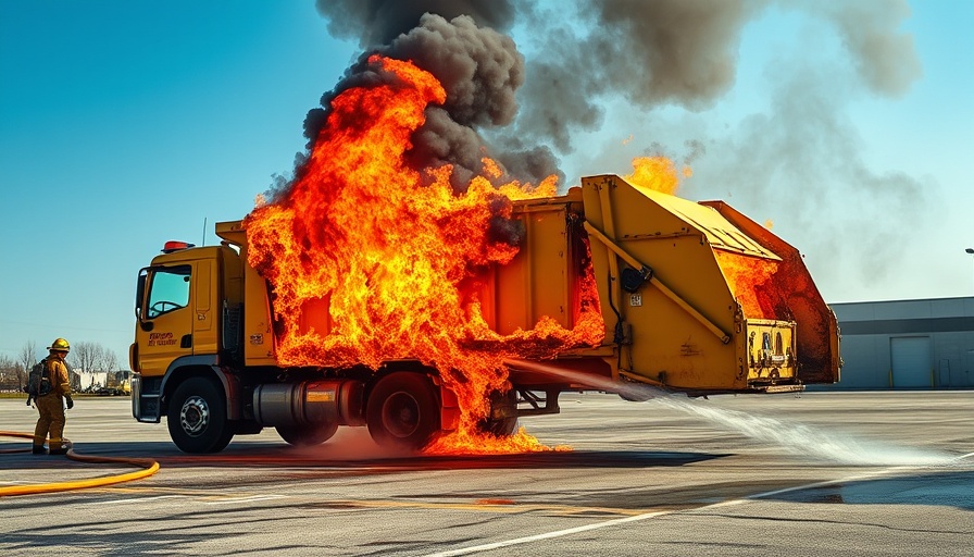 Firefighters managing a waste truck fire, emphasizing proper hazardous materials disposal.