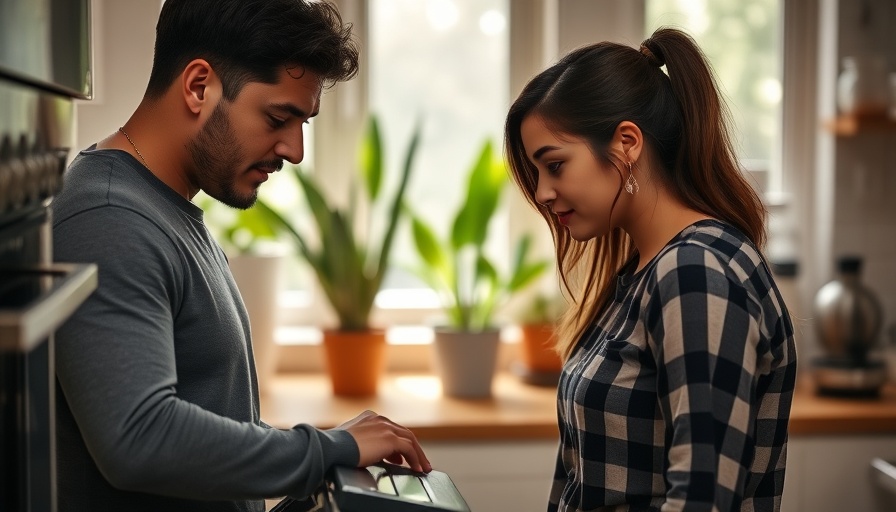 Young couple feeling homebuyer remorse in modern kitchen.