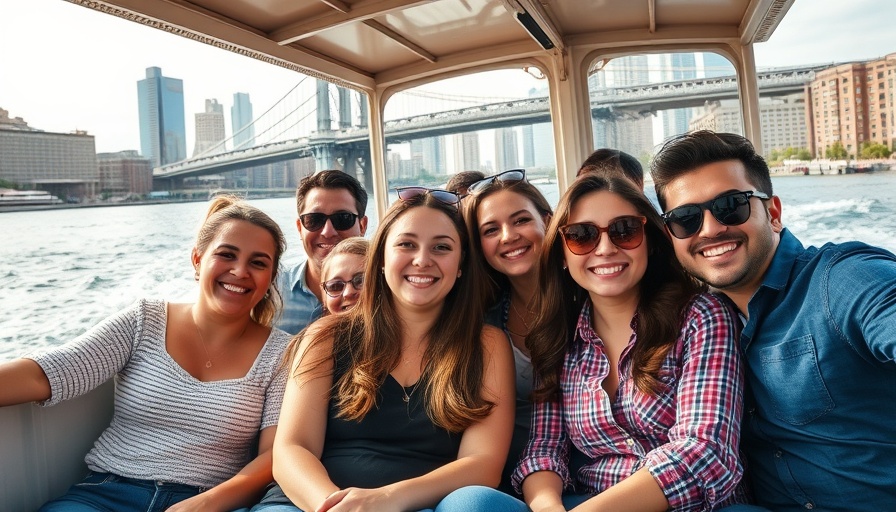 Joyful people enjoy a boat ride with Vancouver cityscape in the background.