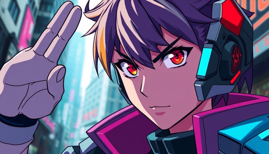 Anime character with neon hair saluting in a futuristic setting, Lucy Cyberpunk Edgerunners Guilty Gear Strive.