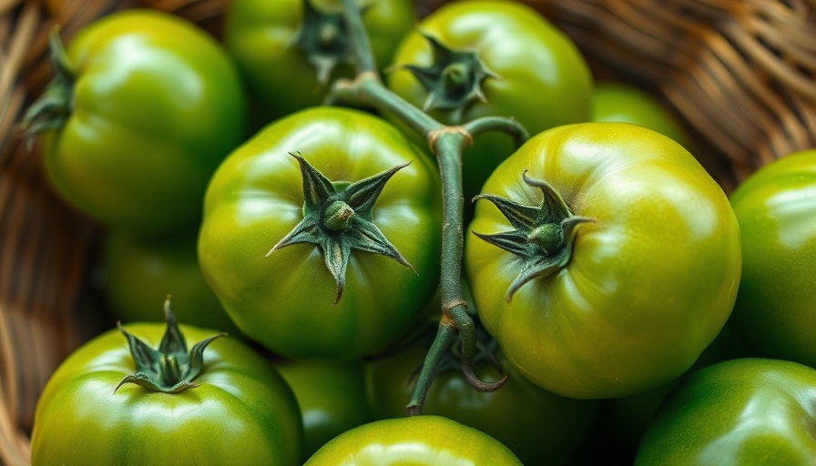 Close-up of unripe tomatoes with a woman pondering ripening factors.