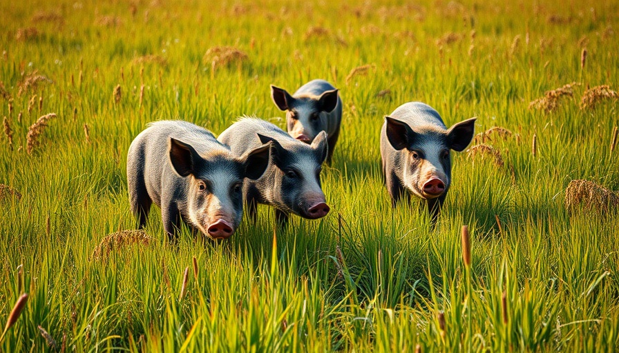 Wild pigs in California meadow with lush greenery.