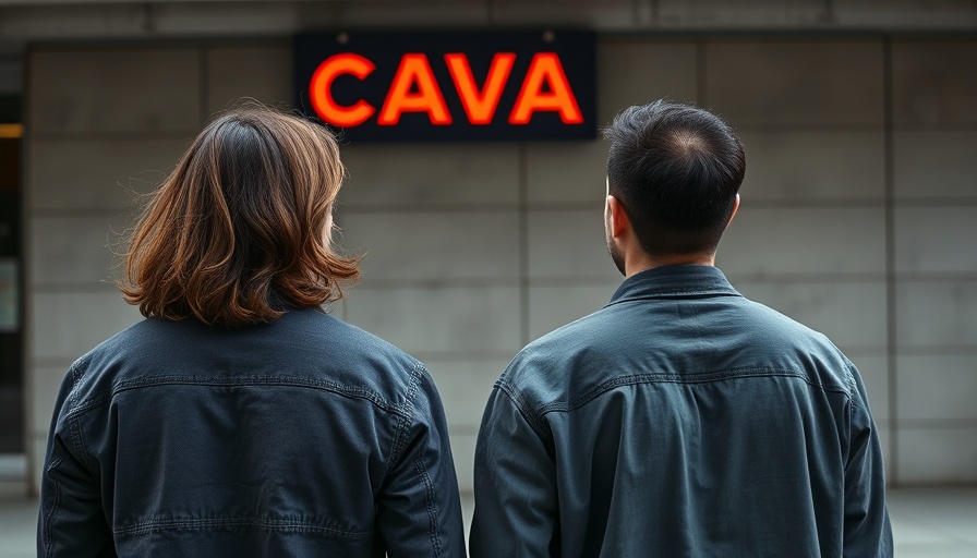 Cava stock plummets news with people looking at CAVA sign.