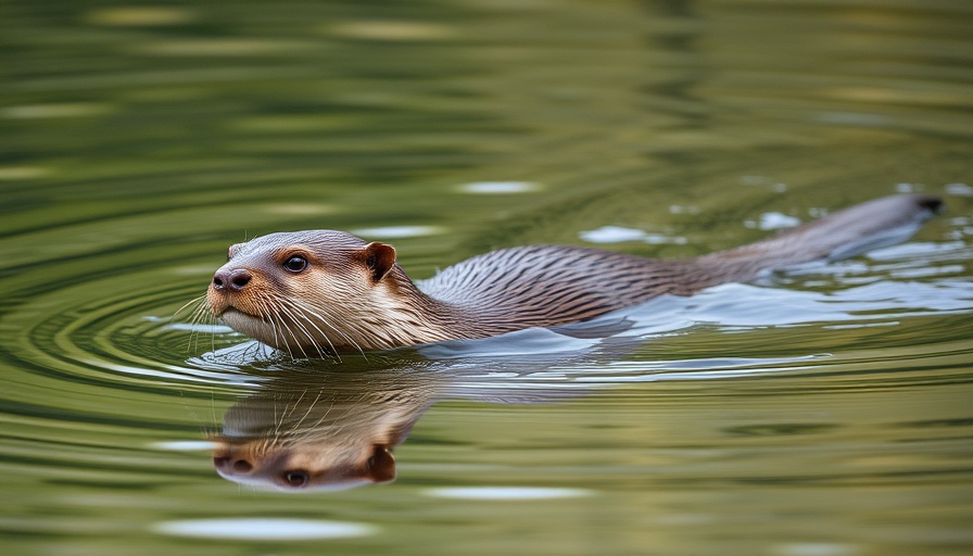 River otter swimming on water surface in natural habitat.