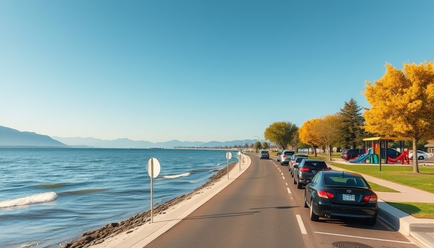 Rotary Beach swimming advisory with cars, trees, and playground on a sunny day.