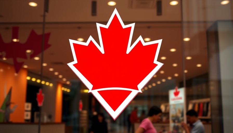Red triangular logo on retail glass facade highlighting discrimination context.