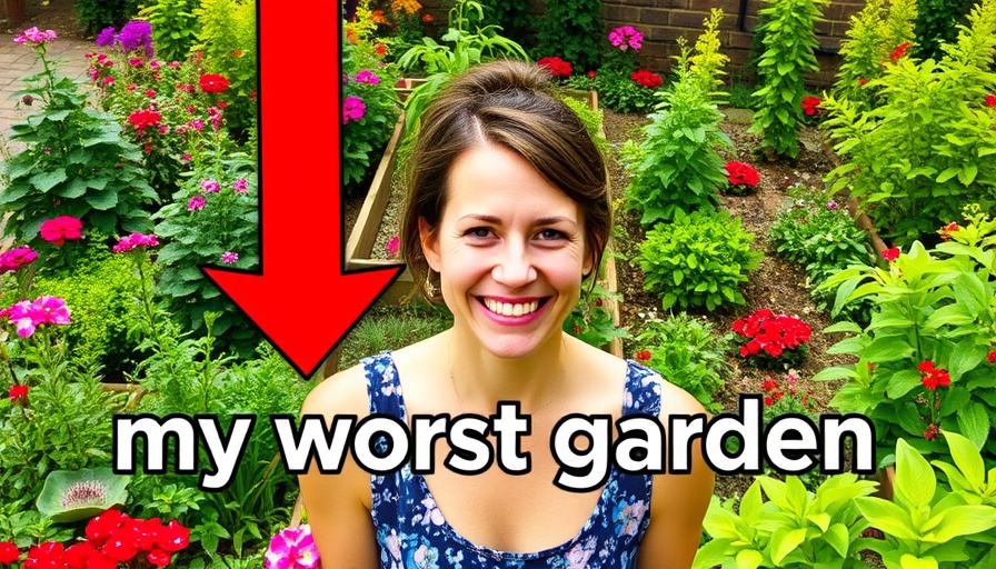 Vibrant garden scene with woman, text overlay 'my worst garden'.