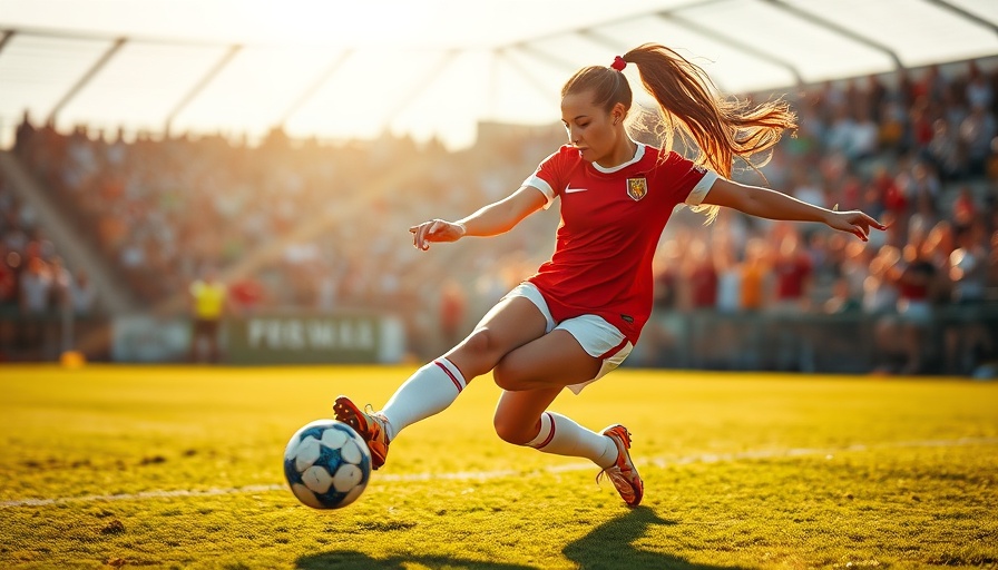 Female soccer player kicking ball, professional match.