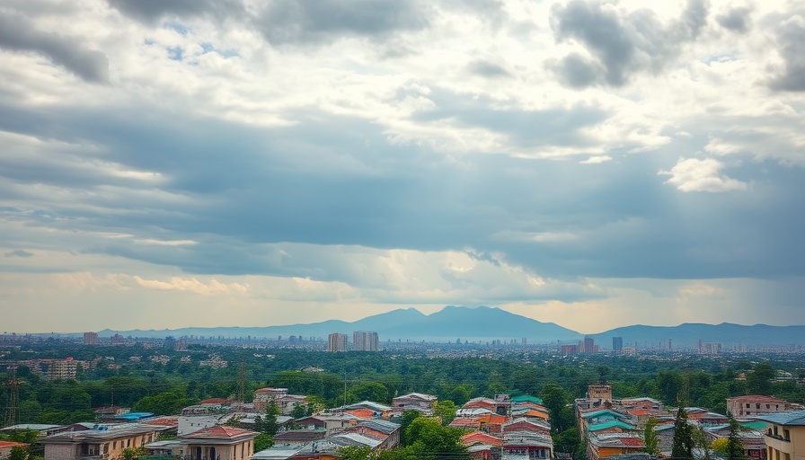 Kelowna weather forecast: cloudy cityscape with distant mountains.