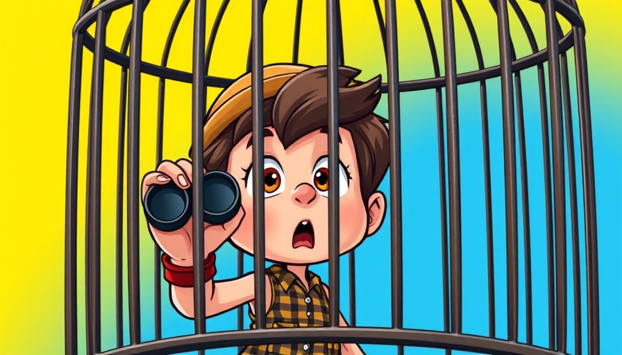 Classic cartoon character holding binoculars in birdcage, vibrant colors.