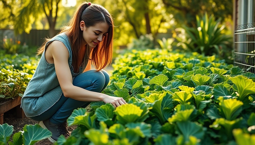 Woman growing earthy greens at home, tending to kale in garden