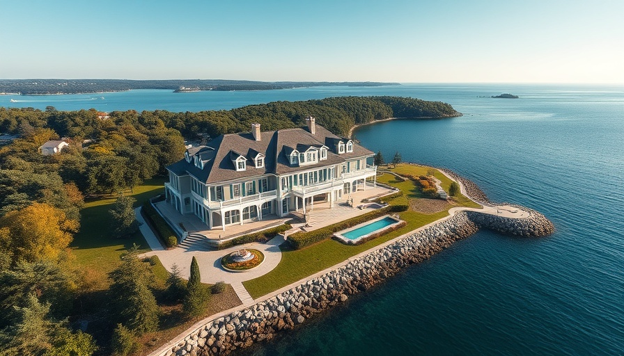 Fractional property ownership concept with a waterfront mansion amid lush greenery.