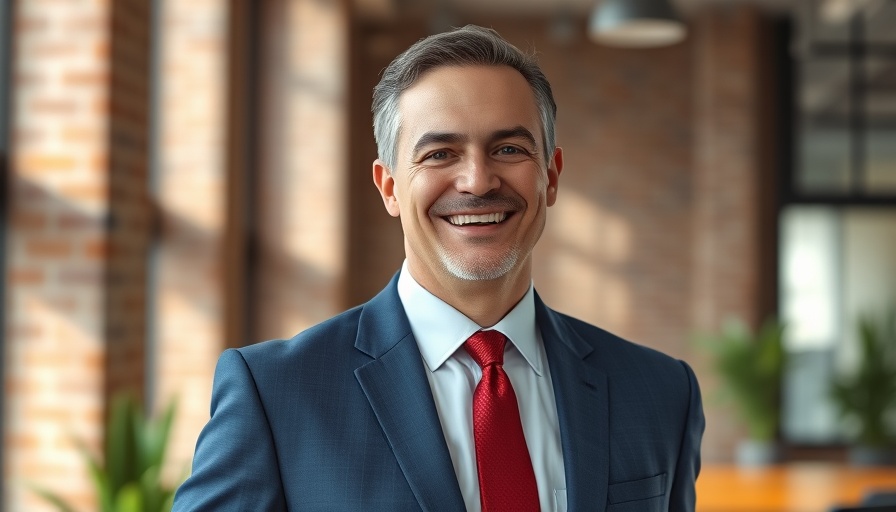 Smiling businessman in a blue suit and red tie in office, photorealistic.