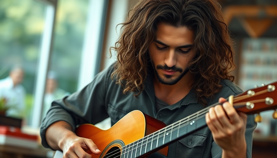 MAGA-aligned Christian musician playing guitar, focused expression.