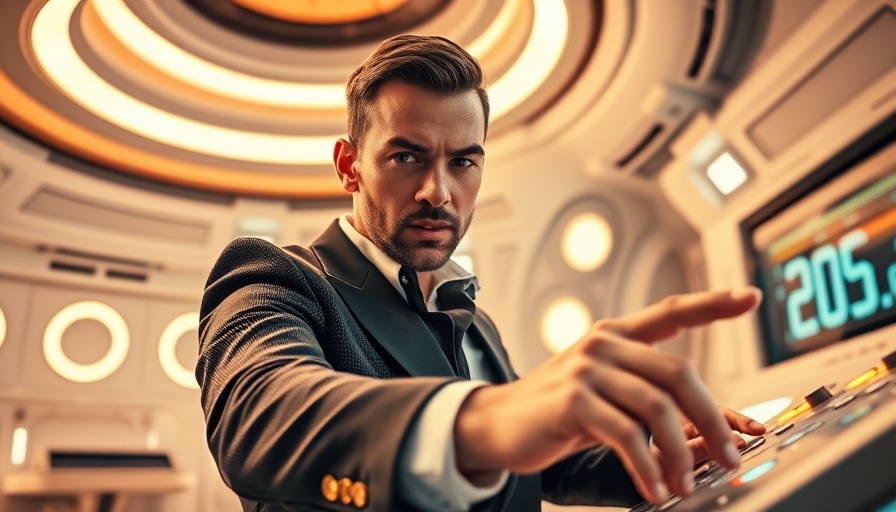 Futuristic Doctor Who future theme: man in sci-fi console room.