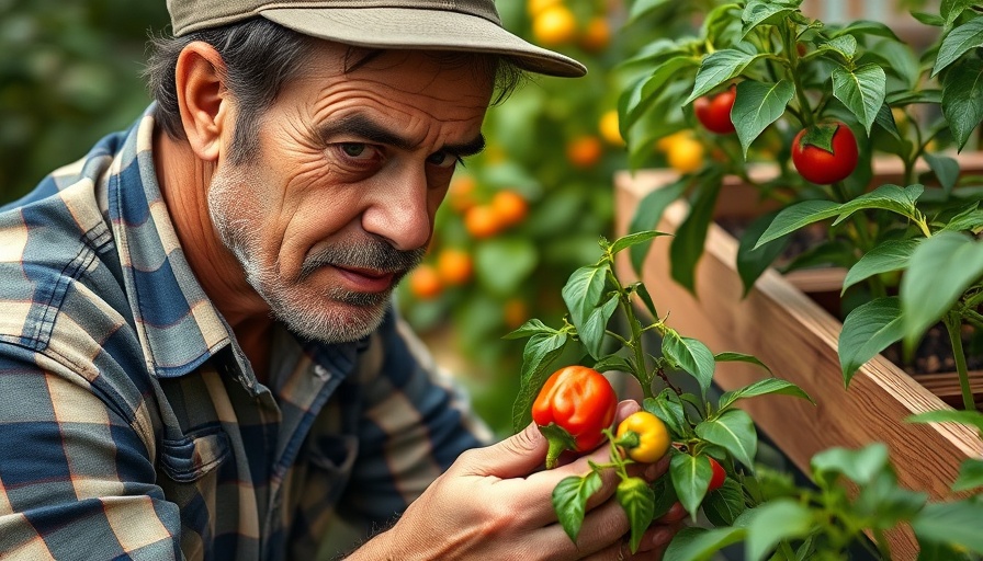 Gardener harvesting peppers in a lush garden, how to grow tomatoes and peppers.