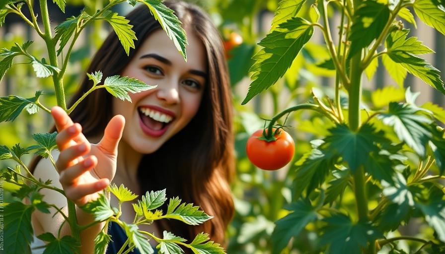 Woman pointing at wilting tomato plant in garden; fixing wilting plant leaves.