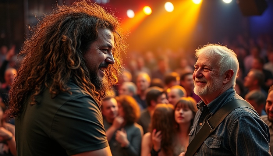 Energetic concert scene with engaging musician and smiling man.