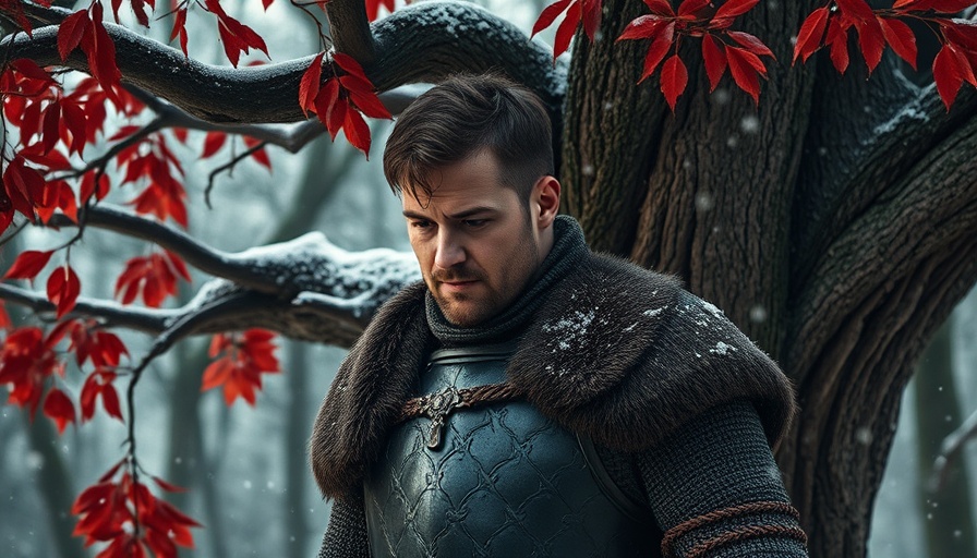 Medieval warrior by ancient tree, Game of Thrones scene.
