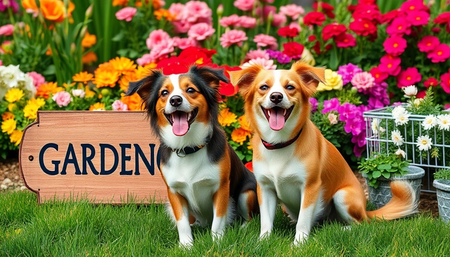 Farm dogs sitting by a gardening sign in colorful flower garden.