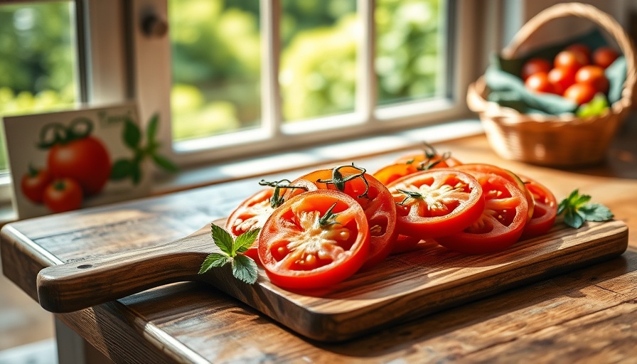 Tomato Flights Recipe preparation with sliced tomatoes on a board.