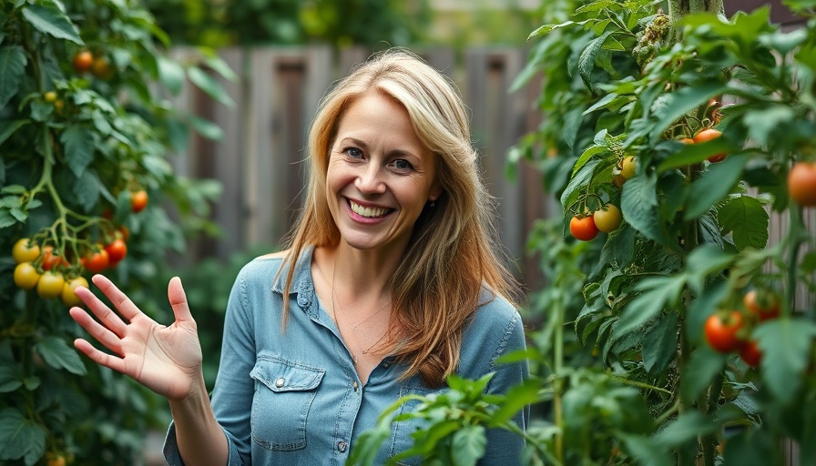 Woman explaining in garden with lush greenery.