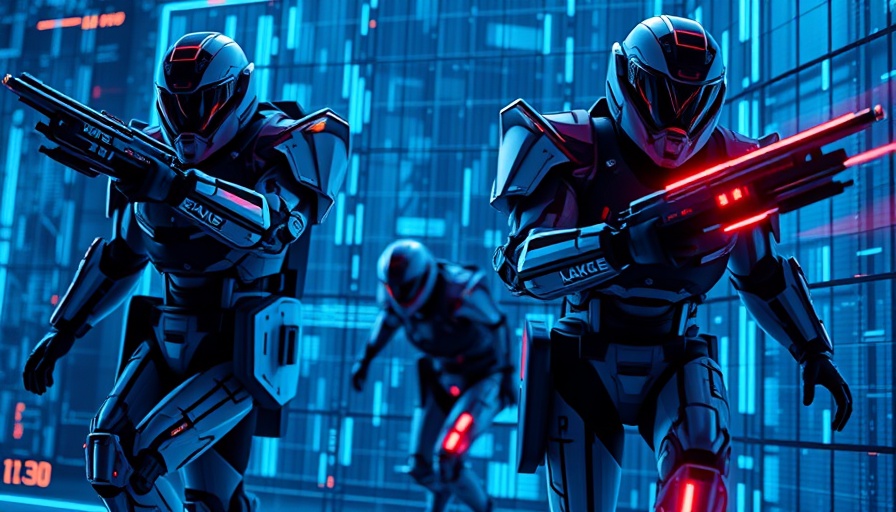 Futuristic armored characters in a digital grid environment, Tron: Ares film technology theme.