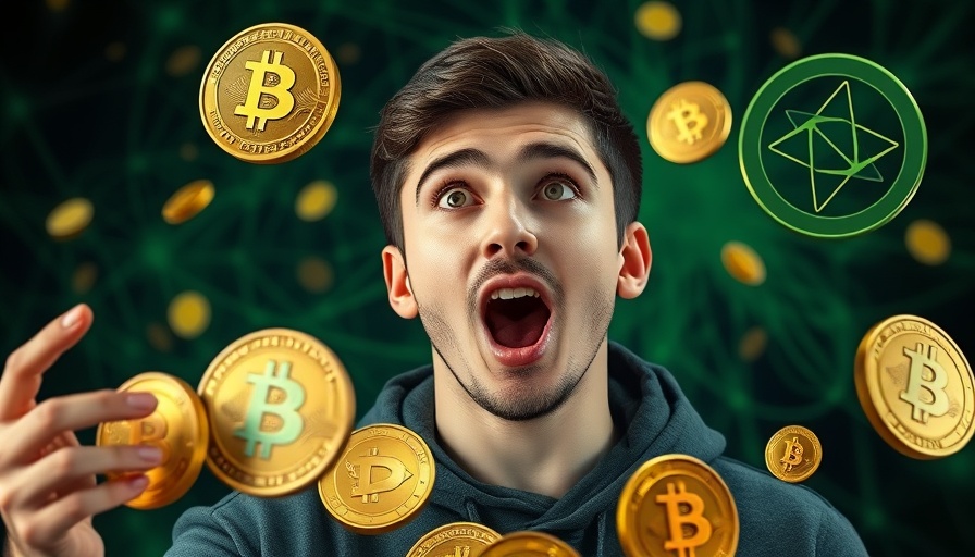 Excited man with crypto tokens and 'Next'.
