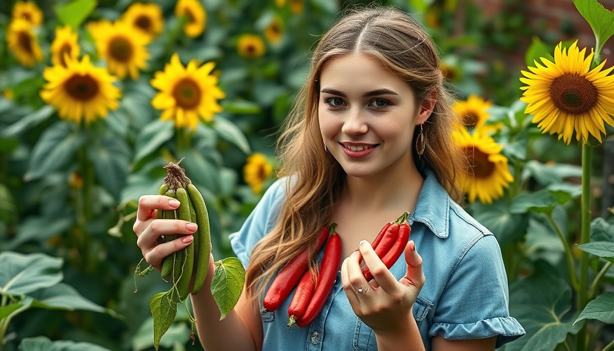Woman comparing pole beans vs bush beans in a sunflower garden.