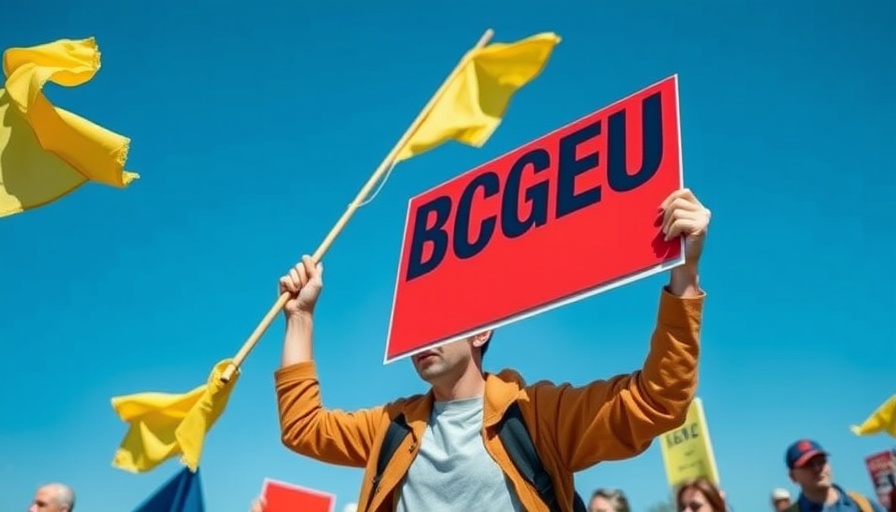 BCGEU member holding strike sign and waving flag at protest.
