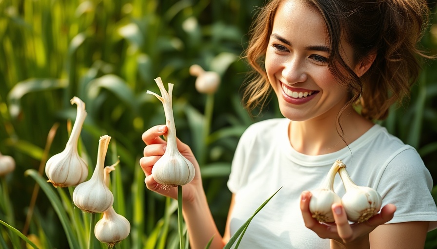 Woman comparing garlic bulbs for growing bigger garlic bulbs.