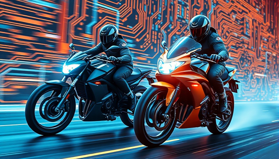 Futuristic bikers racing with neon lights on digital track.